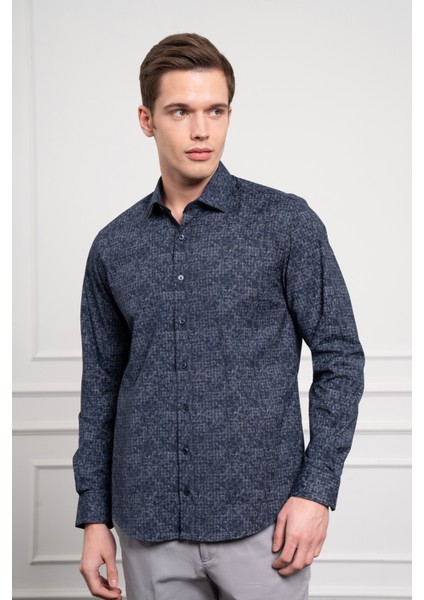 Erkek Koyu Lacivert Trend Dynamic Fit Italyan Yaka Gömlek