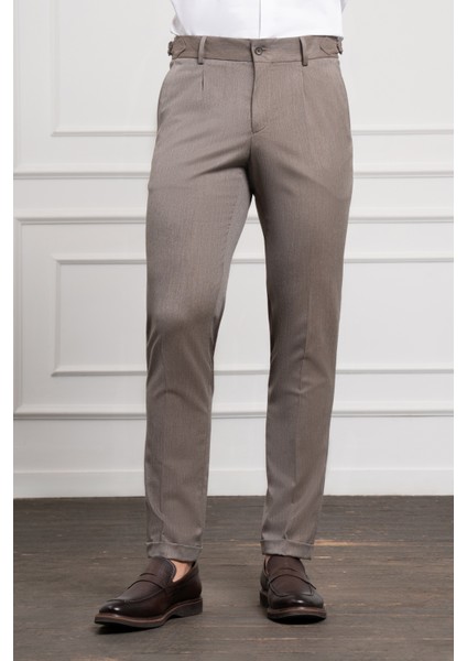Erkek Kahve Trend Slim Fit Dar Kesim Pileli Pantolon