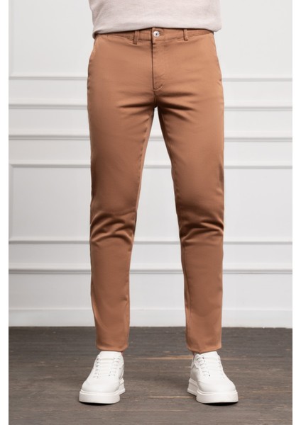 Erkek Camel Slim Fit Dar Kesim Chino Pantolon