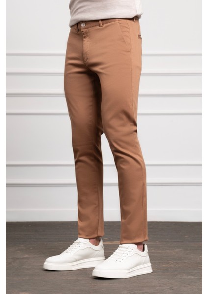 Erkek Camel Slim Fit Dar Kesim Chino Pantolon