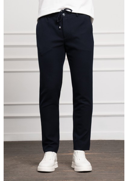 Erkek Lacivert Jogger Slim Fit Dar Kesim Çıtçıtlı Ipli Pantolon
