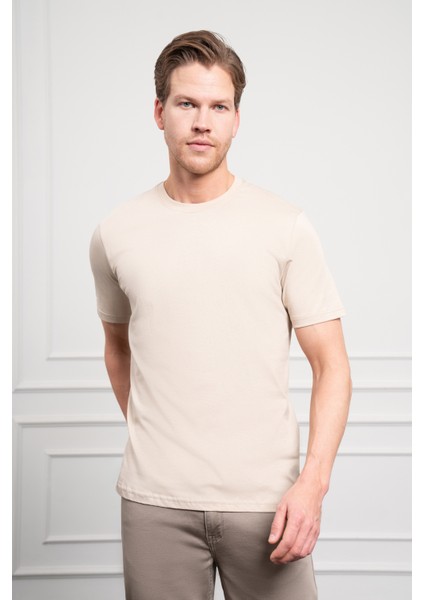 Erkek Bej Basic Bisiklet Yaka Dynamic Fit Pamuk T-Shirt modelleri
