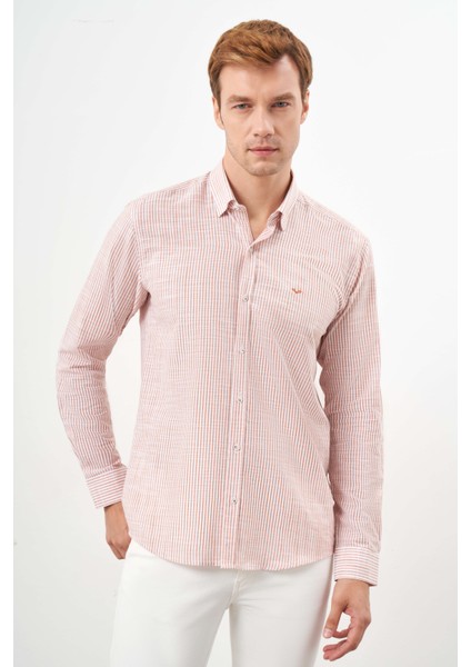 Erkek Turuncu Pamuk Çizgili-Panolu Italyan Yaka Slim Fit Gömlek