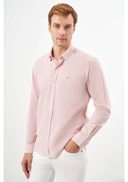 Erkek Turuncu Pamuk Çizgili-Panolu Italyan Yaka Slim Fit Gömlek modelleri