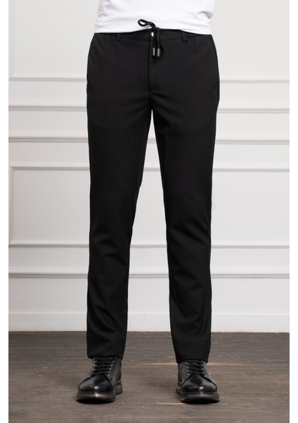 Erkek Siyah Slim Fit Dar Kesim Ipli Jogger Pantolon