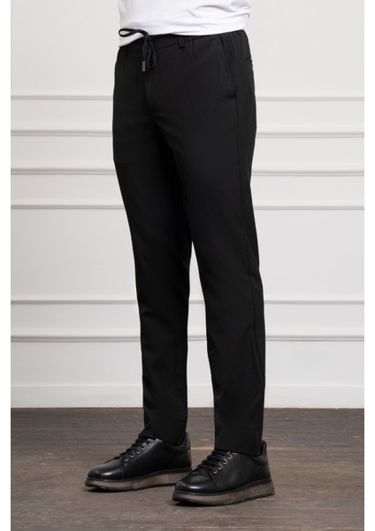 Erkek Siyah Slim Fit Dar Kesim Ipli Jogger Pantolon