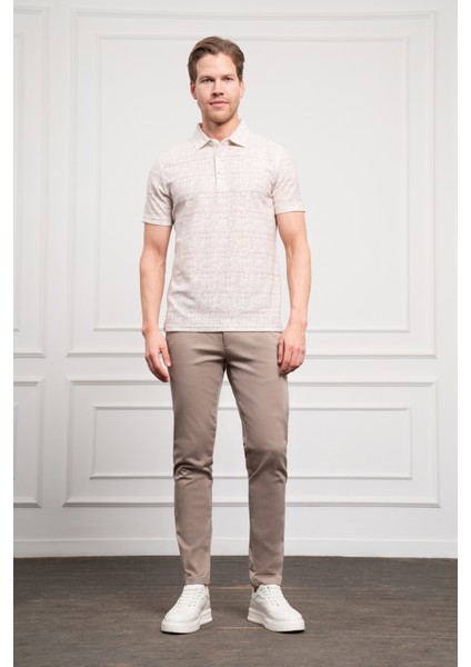 Erkek Bej Trend Polo Yaka Desenli Dynamic Fit Rahat Kesim T-Shirt