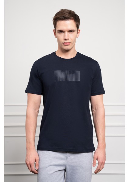 Erkek Lacivert Trend Bisiklet Yaka Pamuk Dinamik Fit T-Shirt