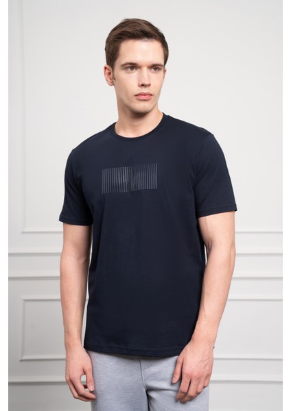 Erkek Lacivert Trend Bisiklet Yaka Pamuk Dinamik Fit T-Shirt fırsatları