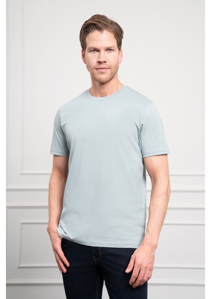 Erkek Indigo Basic Bisiklet Yaka Dynamic Fit Pamuk T-Shirt