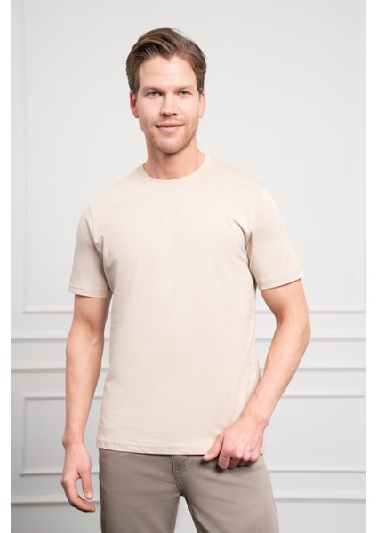 Erkek Bej Basic Bisiklet Yaka Dynamic Fit Pamuk T-Shirt