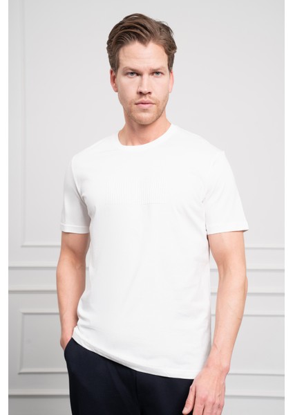 Erkek Ekru Trend Bisiklet Yaka Pamuk Dinamik Fit T-Shirt