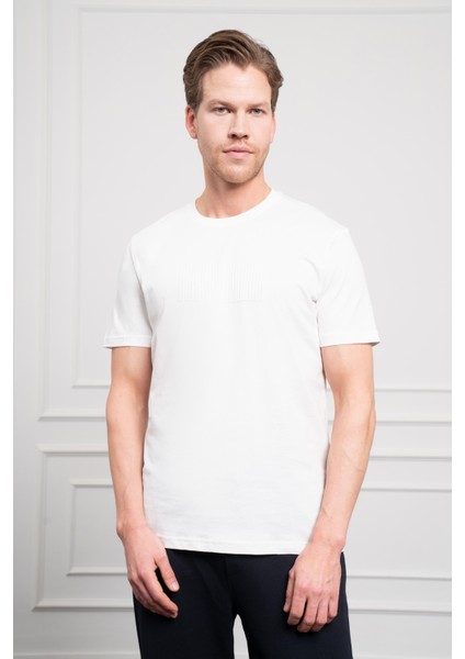 Erkek Ekru Trend Bisiklet Yaka Pamuk Dinamik Fit T-Shirt