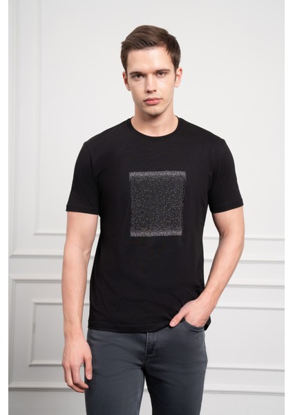 Erkek Siyah Trend Bisiklet Yaka Dinamik Fit Pamuk T-Shirt