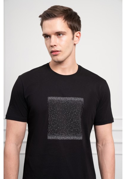 Erkek Siyah Trend Bisiklet Yaka Dinamik Fit Pamuk T-Shirt