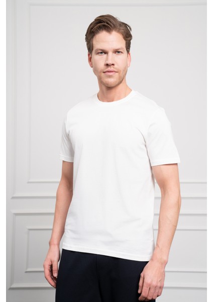 Erkek Ekru Basic Bisiklet Yaka Dynamic Fit Pamuk T-Shirt
