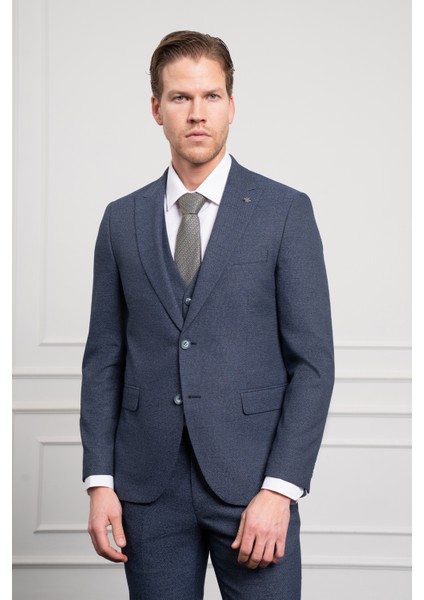 Erkek Lacivert Poliviskon Trend Yelekli Desenli Slim Fit Sivri Yaka Takım Elbise