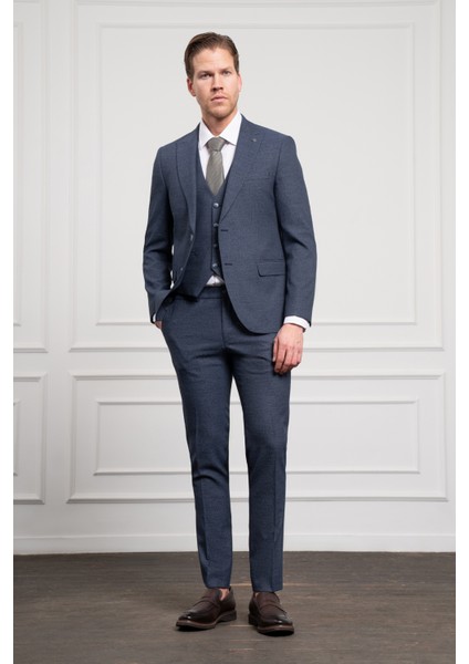 Erkek Lacivert Poliviskon Trend Yelekli Desenli Slim Fit Sivri Yaka Takım Elbise modelleri