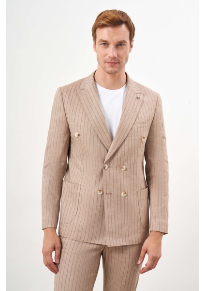 Erkek Kremrengi Keten Trend Kruvaze Slim Fit Sivri Yaka Takım Elbise