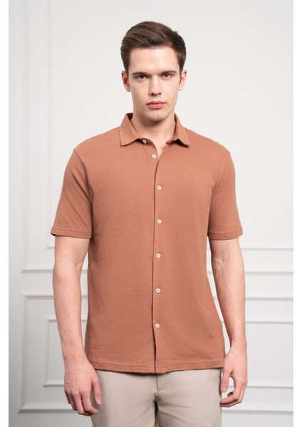 Erkek Kiremit Trend Apaçi Yaka Dynamic Fit Kısa Kollu Gömlek