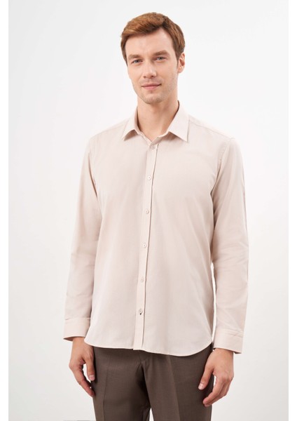 Erkek Bej Pamuk Düz Desen Sert Yaka Regular Fit Gömlek