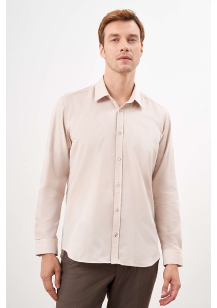 Erkek Bej Pamuk Düz Desen Sert Yaka Regular Fit Gömlek fiyatları