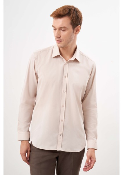 Erkek Bej Pamuk Düz Desen Sert Yaka Regular Fit Gömlek modelleri