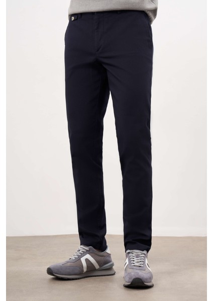 Erkek Lacivert Yazlık Pamuk Yan Cep Slim Fit Chino Pantolon