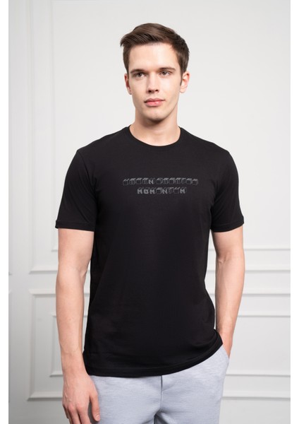 Erkek Siyah Trend Bisiklet Yaka Dinamik Fit Pamuk T-Shirt