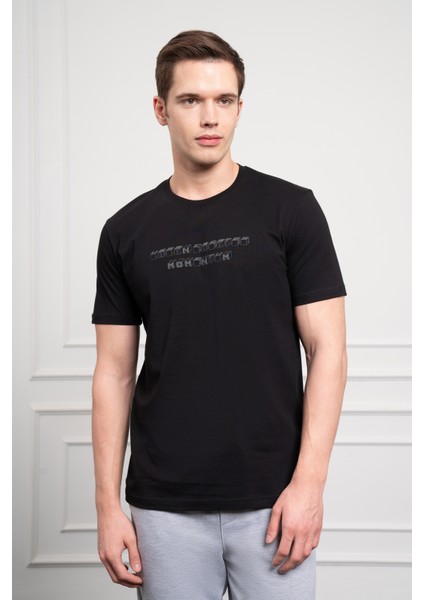 Erkek Siyah Trend Bisiklet Yaka Dinamik Fit Pamuk T-Shirt