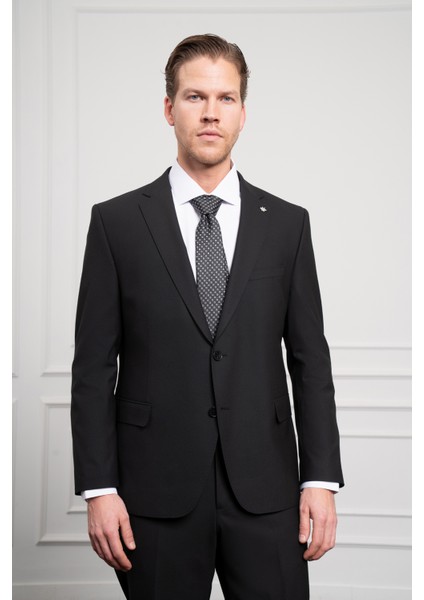 Erkek Siyah Yünlü Platinium 4-Drop Dynamic Fit Mono Yaka Takım Elbise