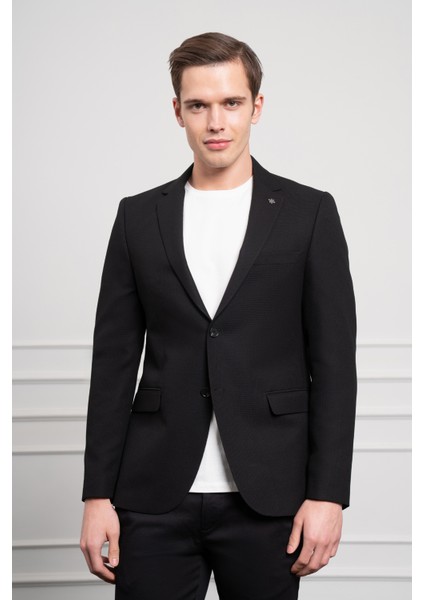 Erkek Siyah Slim Fit Dar Kesim Mono Yaka Ceket
