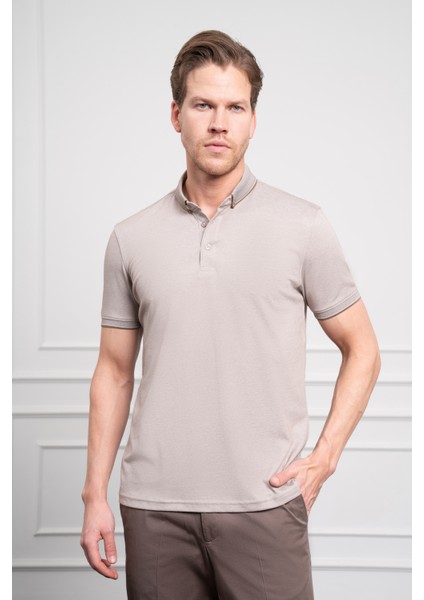 Erkek Bej Trend Merserize Düz Düğmeli Yaka Dynamic Fit T-Shirt