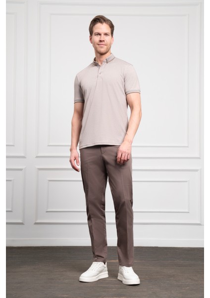 Erkek Bej Trend Merserize Düz Düğmeli Yaka Dynamic Fit T-Shirt