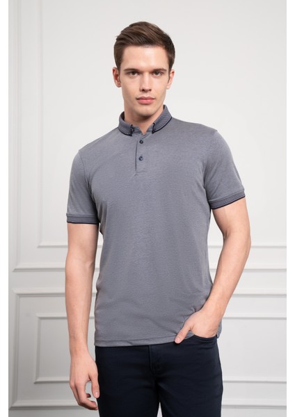 Erkek Lacivert Trend Merserize Düz Düğmeli Yaka Dynamic Fit T-Shirt