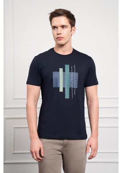 Erkek Lacivert Trend Bisiklet Yaka Dinamik Fit Pamuk T-Shirt