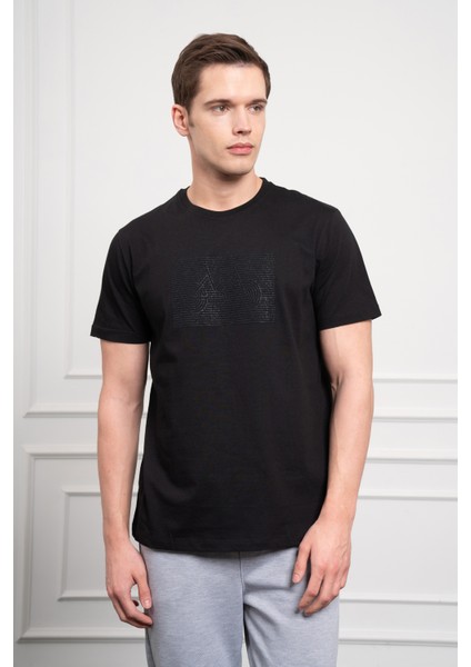 Erkek Siyah Trend Bisiklet Yaka Dinamik Fit Pamuk T-Shirt