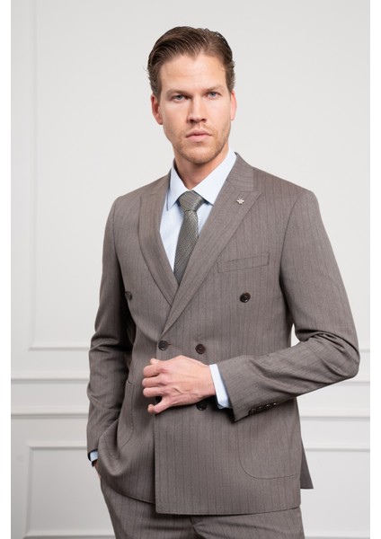 Erkek Kahve Trend Slim Fit Sivri Yaka Kruvaze Takım Elbise fırsatları