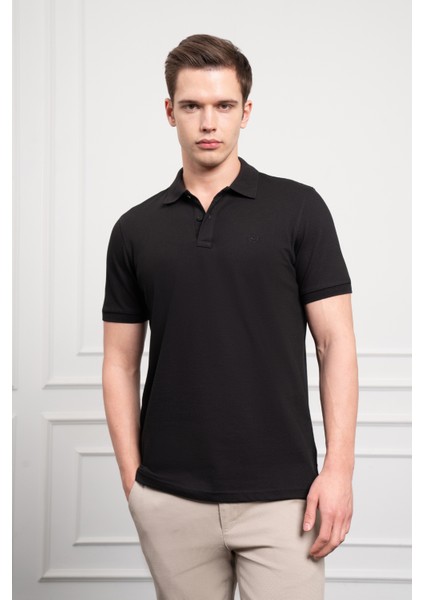 Erkek Siyah Basic Polo Yaka Dynamic Fit T-Shirt