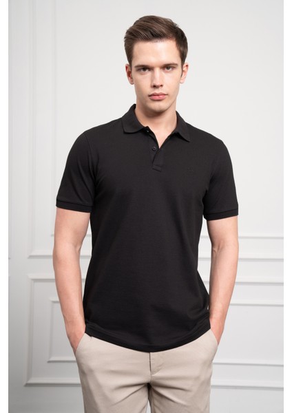 Erkek Siyah Basic Polo Yaka Dynamic Fit T-Shirt