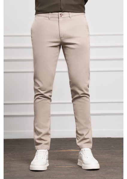 Erkek Bej Slim Fit Dar Kesim Chino Pantolon