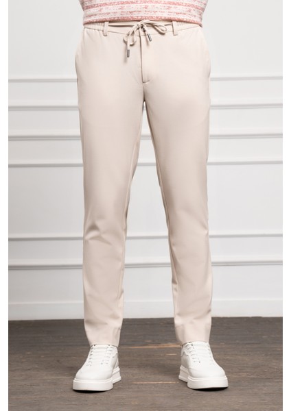 Erkek Bej Slim Fit Dar Kesim Ipli Jogger Pantolon