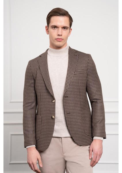 Erkek Kahve Dokuma Slim Fit Dar Kesim Mono Yaka Ceket