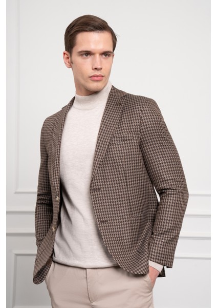 Erkek Kahve Dokuma Slim Fit Dar Kesim Mono Yaka Ceket modelleri