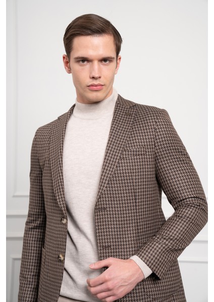 Erkek Kahve Dokuma Slim Fit Dar Kesim Mono Yaka Ceket fırsatları