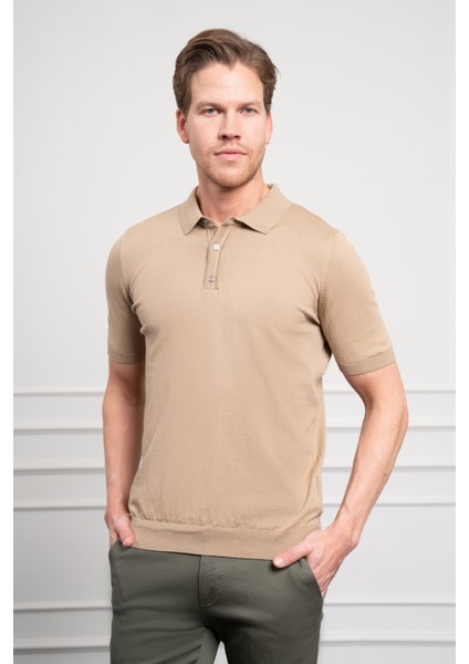 Erkek Bej Basic Polo Yaka Dynamic Fit T-Shirt