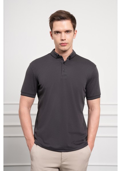 Erkek Siyah Trend Merserize Düz Düğmeli Yaka Dynamic Fit T-Shirt