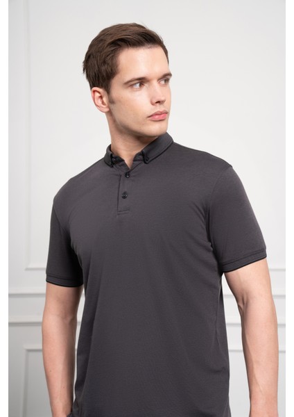 Erkek Siyah Trend Merserize Düz Düğmeli Yaka Dynamic Fit T-Shirt fırsatları