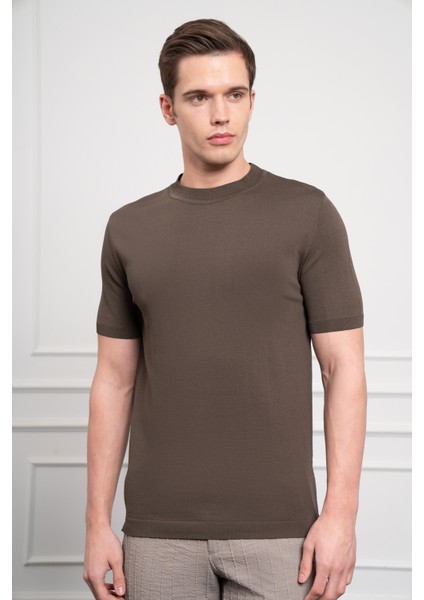 Erkek Haki Trend Bisiklet Yaka Dynamic Fit Rahat Kesim Rayon T-Shirt indirimleri