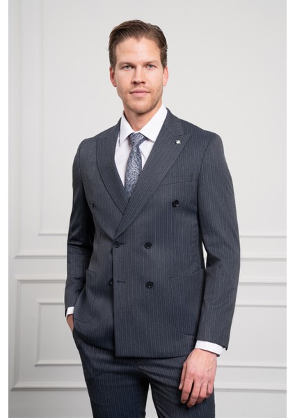 Erkek Lacivert Trend Slim Fit Dar Kesim Sivri Yaka Kruvaze Takım Elbise